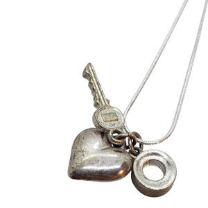 Key To My Heart Key Ring Charm Pendant Necklace Silver Tone Love Puffy Heart